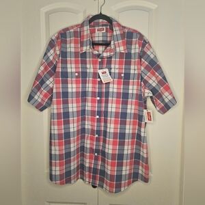 Wrangler Womens  Shirt Pink & Blue Plaid SS button SZ XL